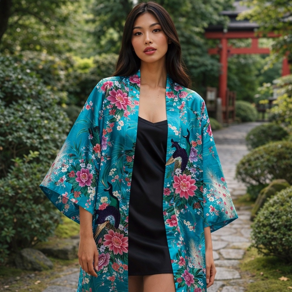 Turquoise Blue Satin Peacock Floral Kimono Robe Maxi Japan DressingGown One Size